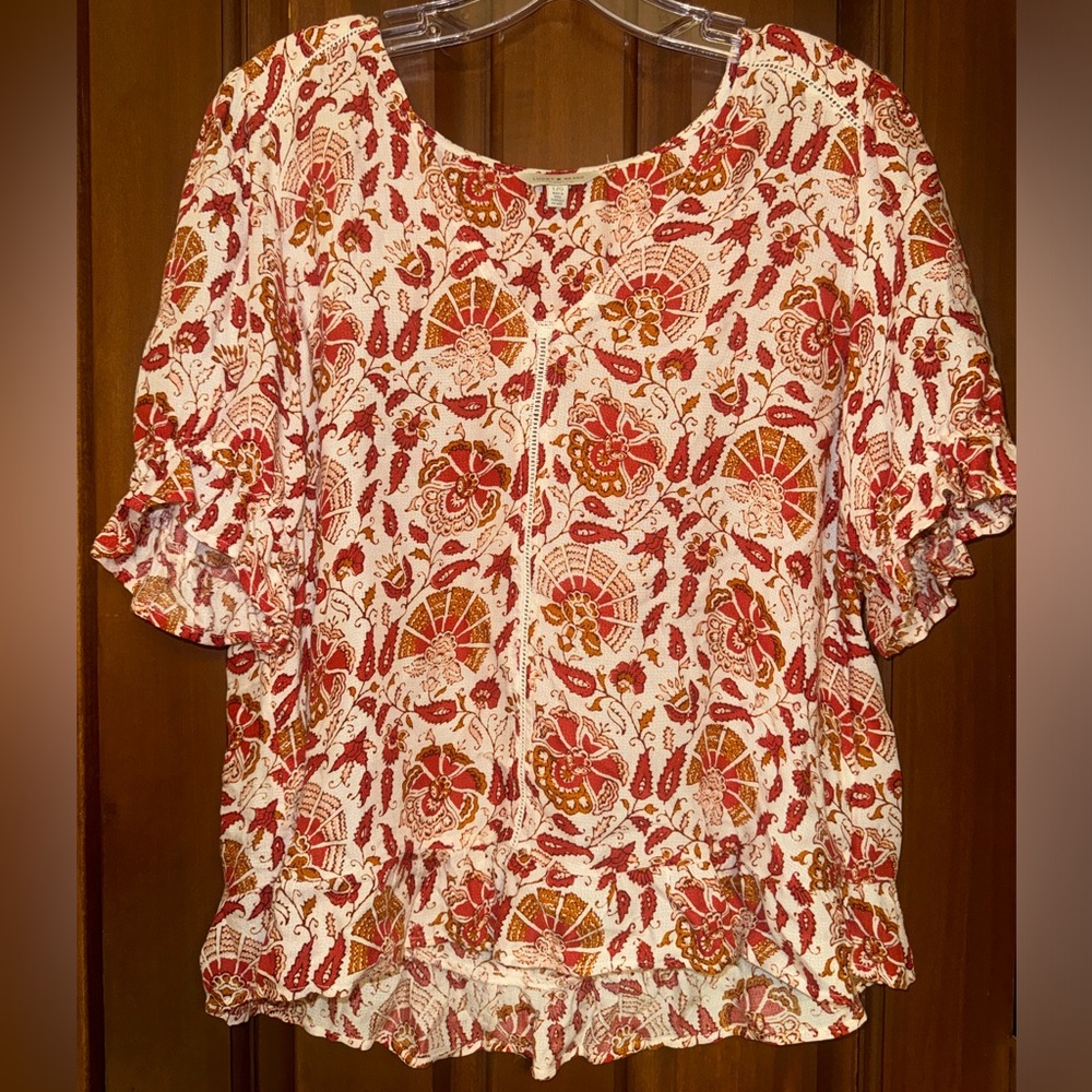 Women's Red & Cream Printed Ruffle-Sleeve Top